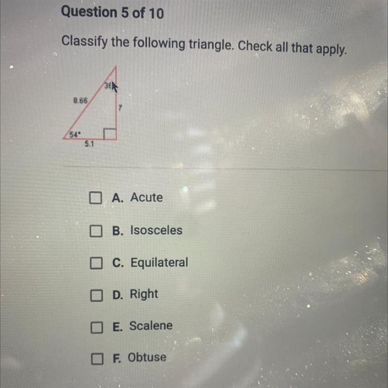 Classify the following triangle. Check all that apply A Acute B. Isosceles C. Equilateral-example-1