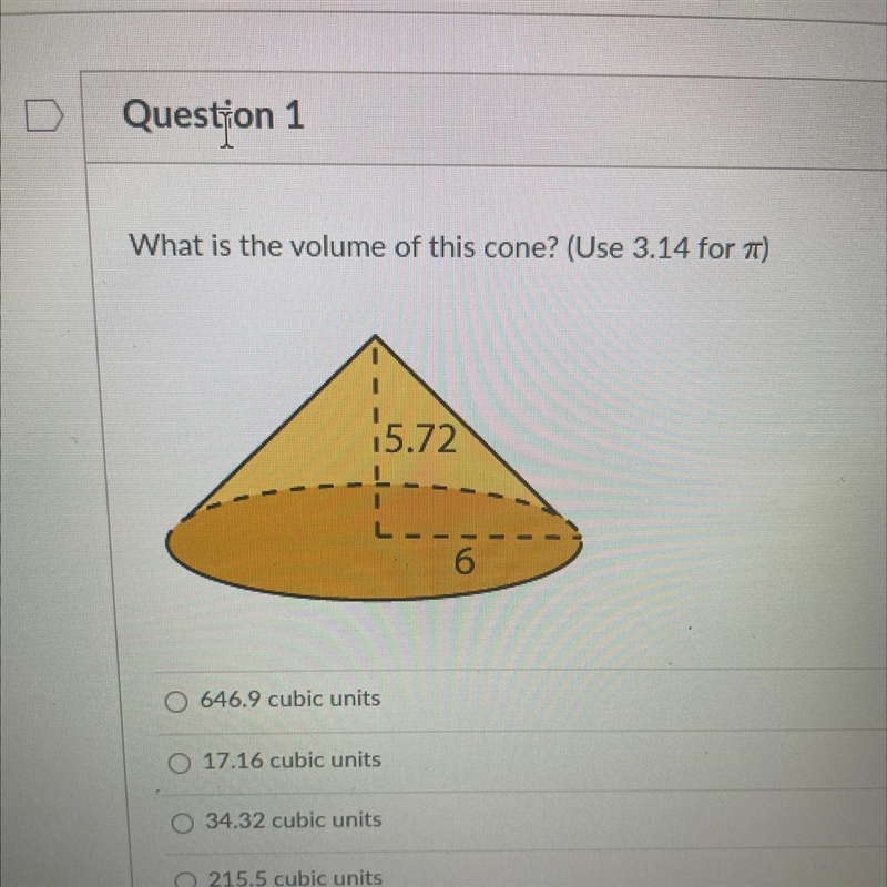 100 POINTS What is the volume of this cone? Use 3.14 for N-example-1