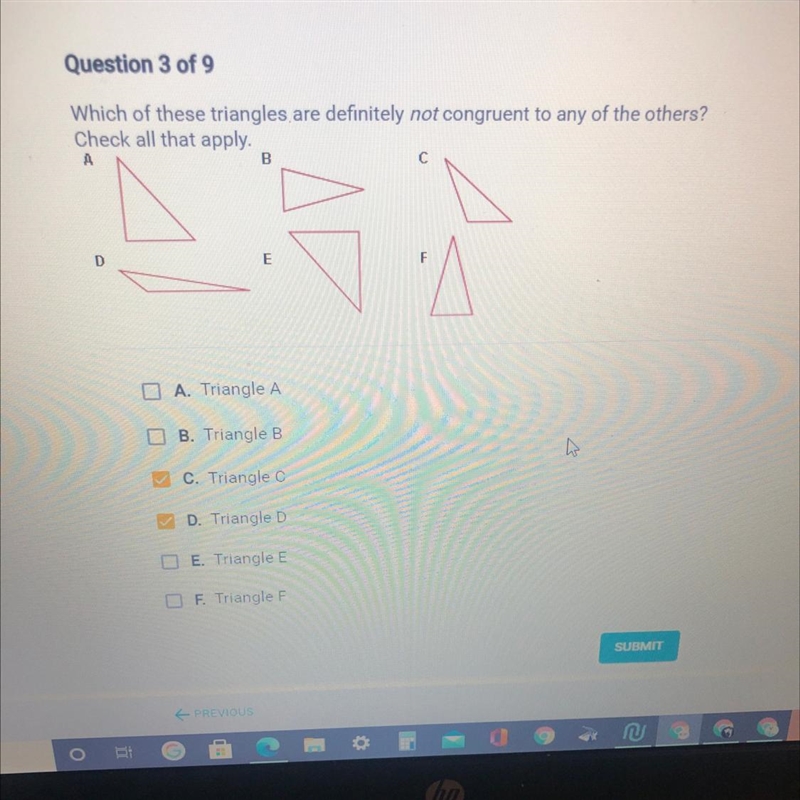 Which of these triangles are definitely not congruent to any of the others? Check-example-1