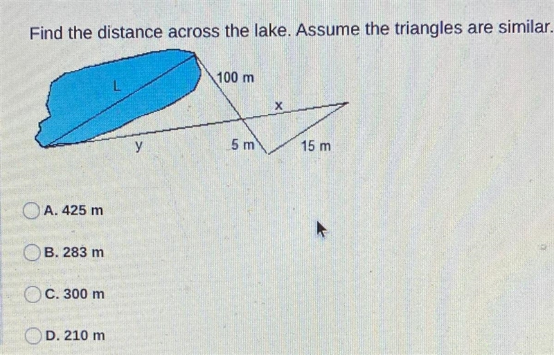 Find the distance across the lake, assume the triangles are similar-example-1