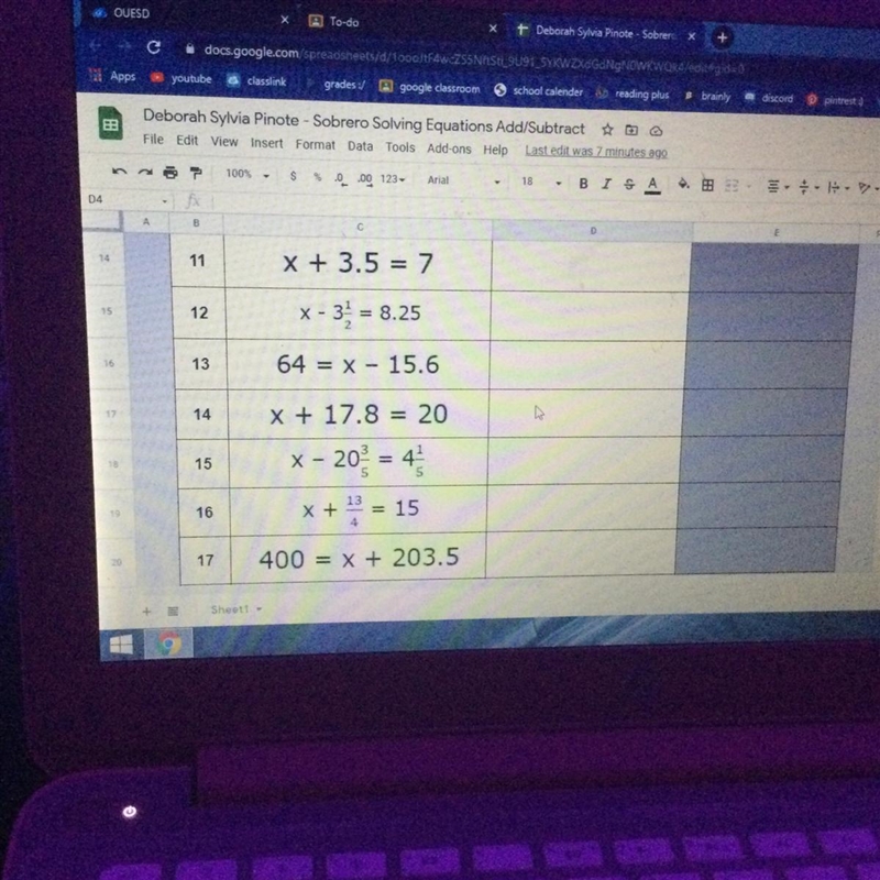 directions: solve each equation below and type your answer in the answer column. Type-example-1