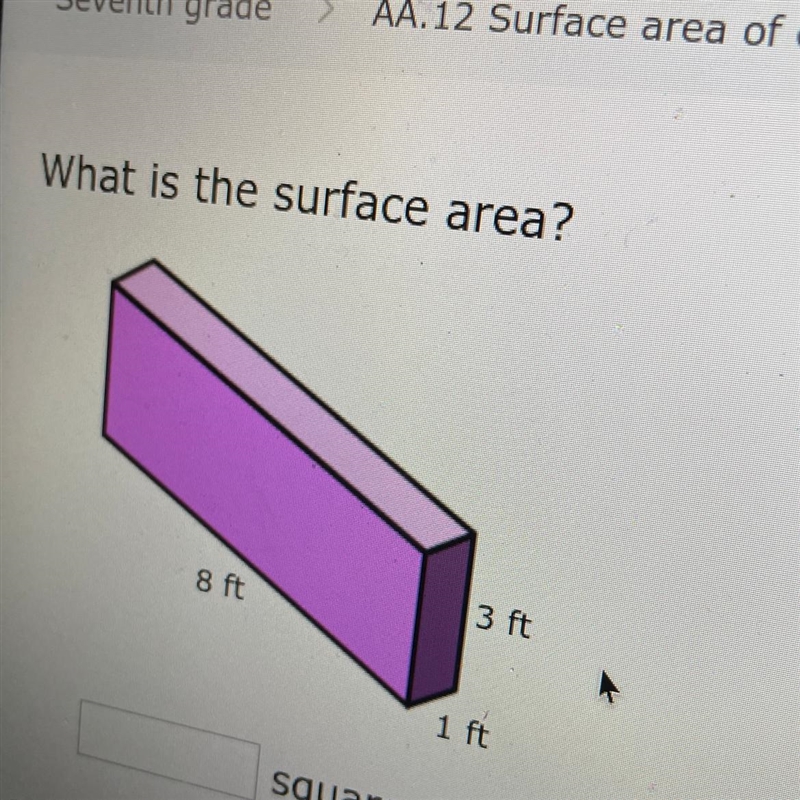 What is the surface area? 8 ft 3 ft 1 ft square feet-example-1