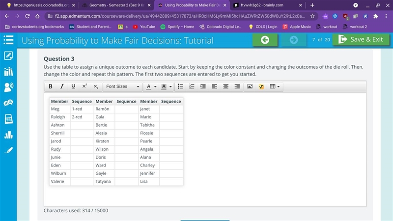 Use the table to assign a unique outcome to each candidate. Start by keeping the color-example-1