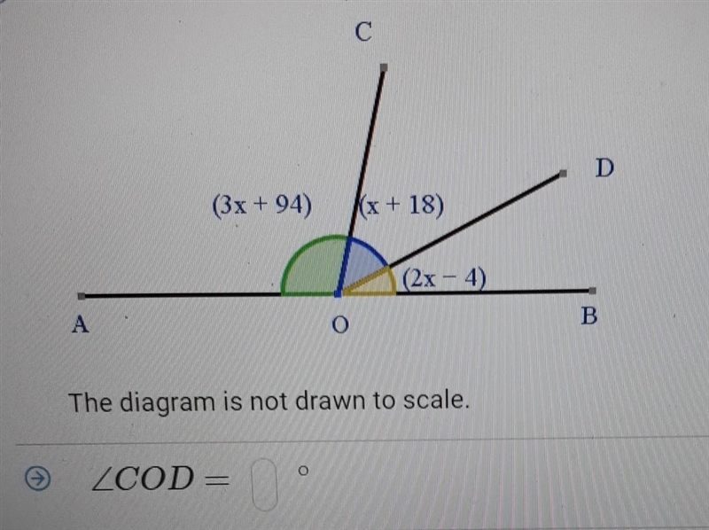 D (3x +94) x + 18) (2x - 4) The diagram is not drawn to scale. COD=​-example-1