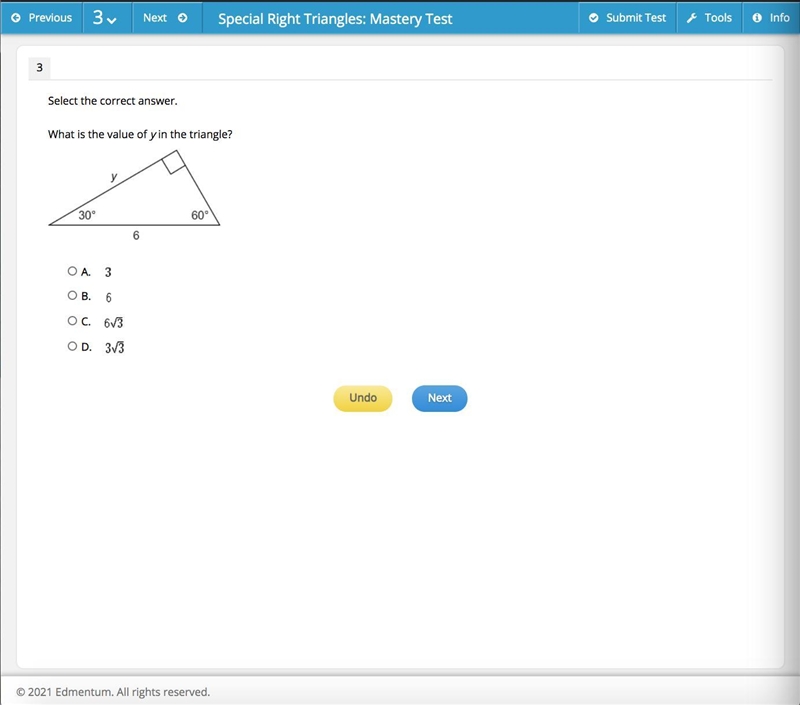 Select the correct answer. What is the value of y in the triangle?-example-1