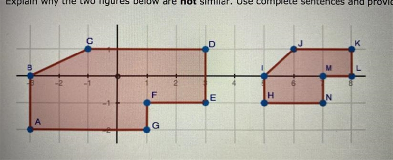 Explain why the two figures below are not similar. Use complete sentences and provide-example-1