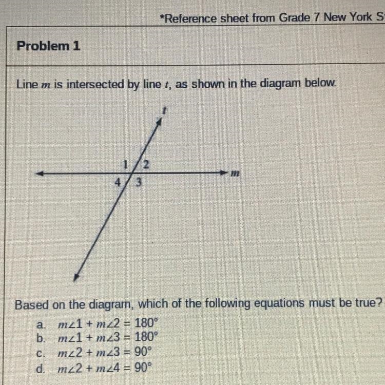 Line m is intersected by line t, as shown in the diagram below. Based on the diagram-example-1