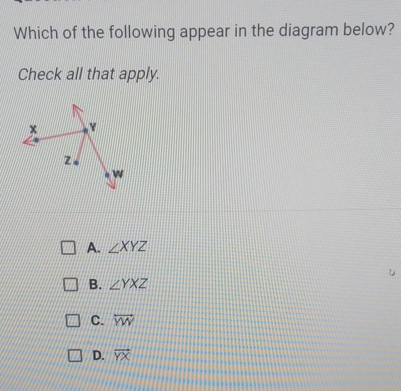 Which of the following appear in the diagram below? Check all that apply. X Z. W O-example-1