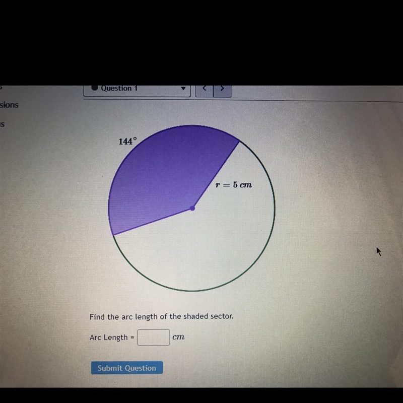 Help! geometry find the arc length of the shaded sector arc length = blank cm-example-1