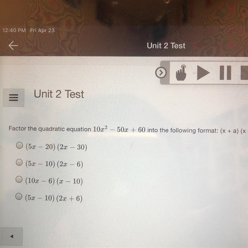 Factor the quadratic equation 10:22 50% + 60 into the following format: (x + a) (x-example-1