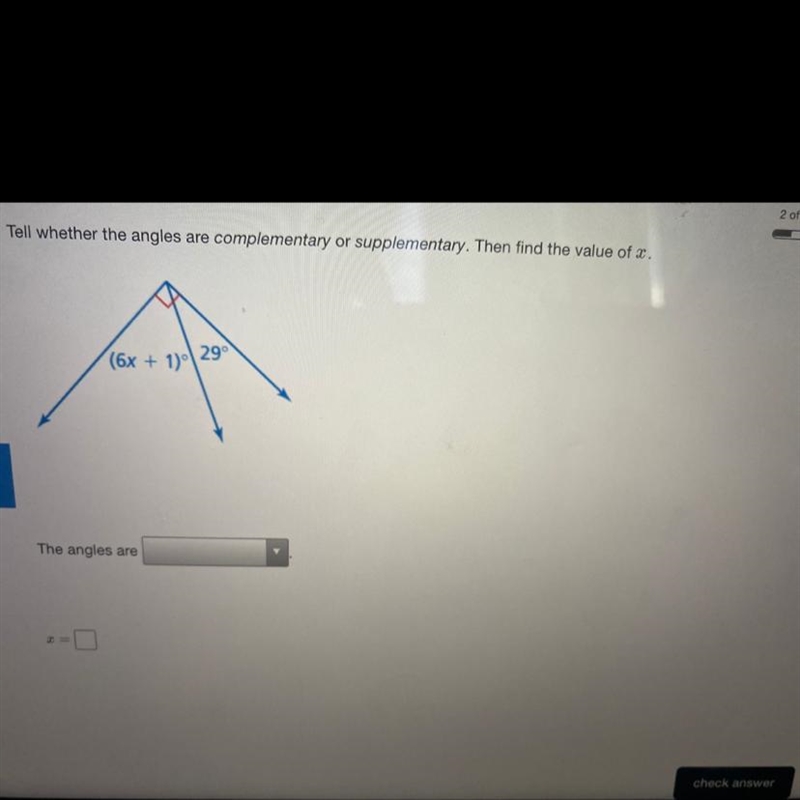 Tell weather the angles are complementary or supplementary. The. Find the value of-example-1