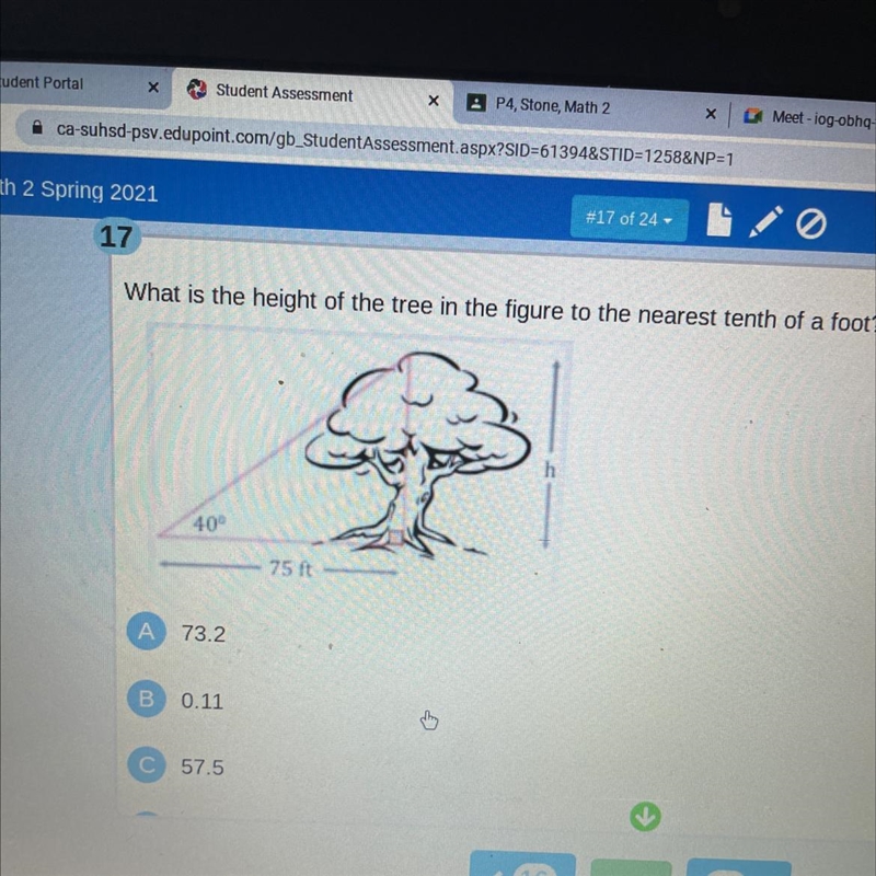 What is the height of the tree in the figure to the nearest tenth of a foot? h 40° 75 ft-example-1