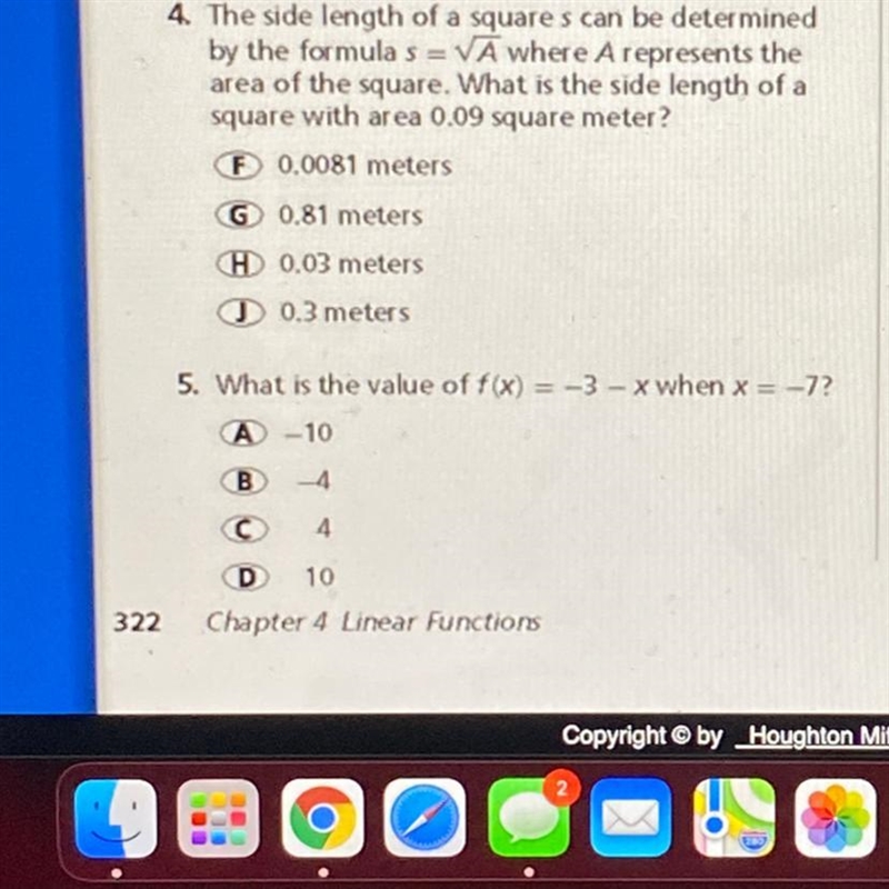 I NEED HELP WITH #5 and #4 What is the value of f(x) = -3-x when x = -7? A-10 ) B-example-1