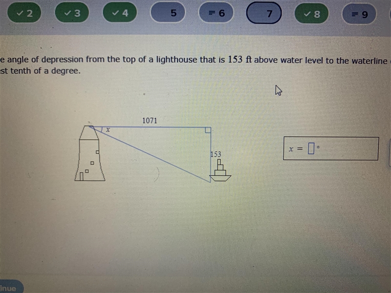 Find x, the angle of depression from the top of a lighthouse that is 153 ft above-example-1