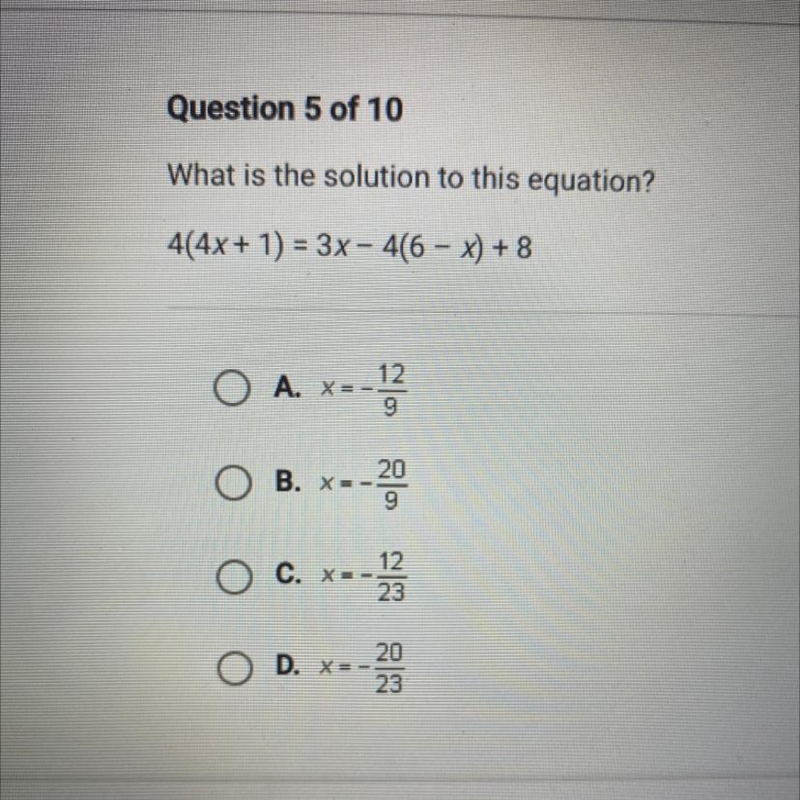 What is the solution to this equation? 4(4x + 1) = 3x - 4(6 - x) + 8 A. x= -12/9 B-example-1