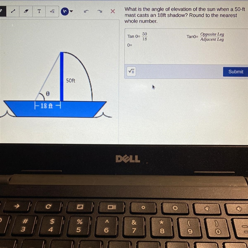 What is the angle of elevation of the sun when a 50-ft mast casts an 18ft shadow? Round-example-1