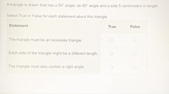 A triangle is drawn that has a 50angle, an 80angle and a side 5 centimeters in length-example-1