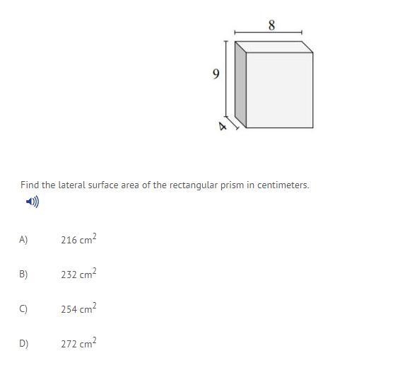 FIND THE LATERAL SURFACE AREA OF THE RECTANGULAR PRISM IN CENTIMETERS?-example-1