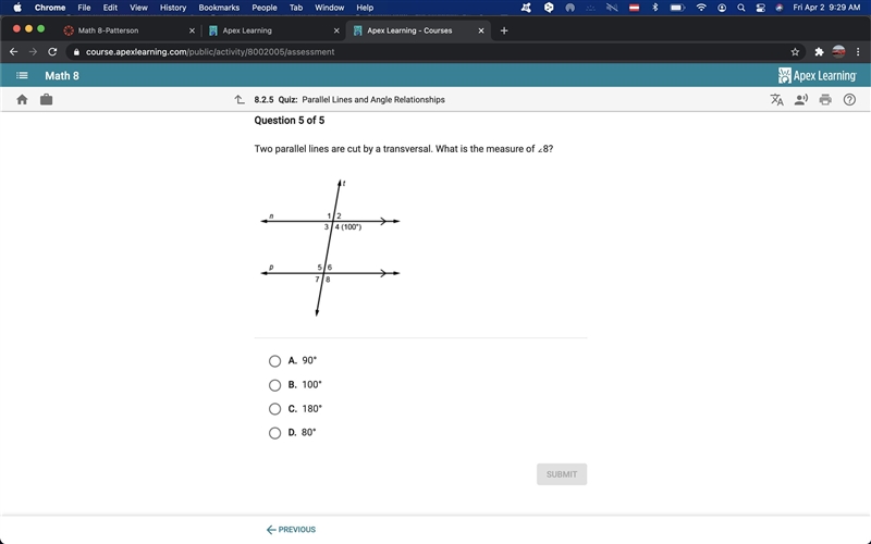 Two parralel lines are cut by a transveral what is the measure of 8-example-1