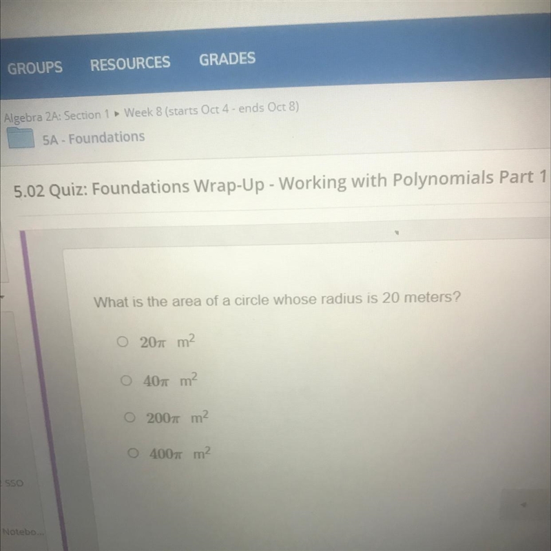 What is the area of a circle whose radius is 20 meters? PLEASE HELP-example-1