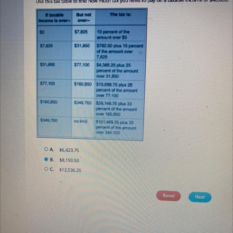 Use this table to find how much tax you need to pay on a taxable income of 40,000-example-1