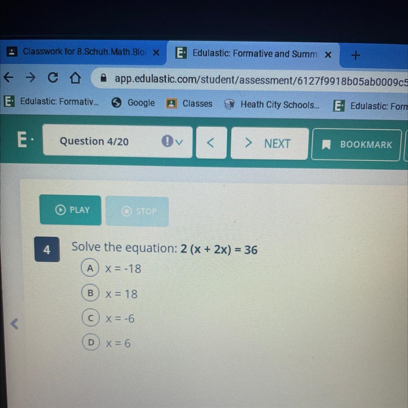 4 Solve the equation: 2 (x + 2x) = 36 A XI-18 B) X18 (C) x 6 < D x = 6-example-1