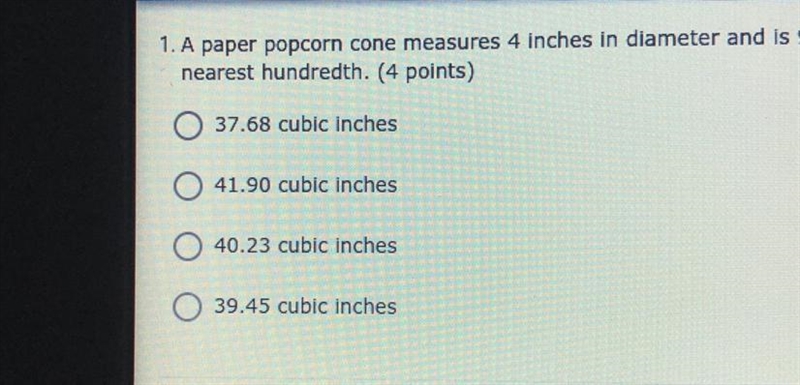 A paper popcorn cone measures 4 inches in a diameter and is 9 inches high?-example-1