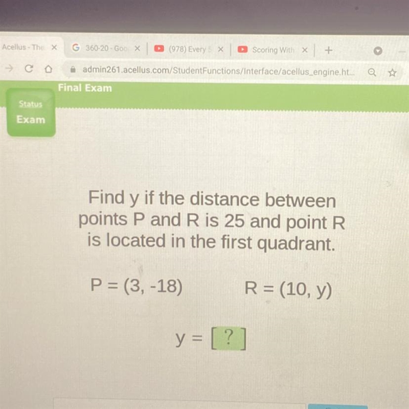 Find y if the distance between points P and R is 25 and point R is located in the-example-1