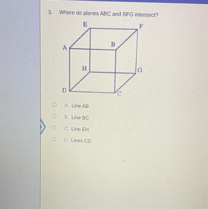 10 POINTS! PLZ ANSWER! Where do planes ABC and BFG intersect?-example-1