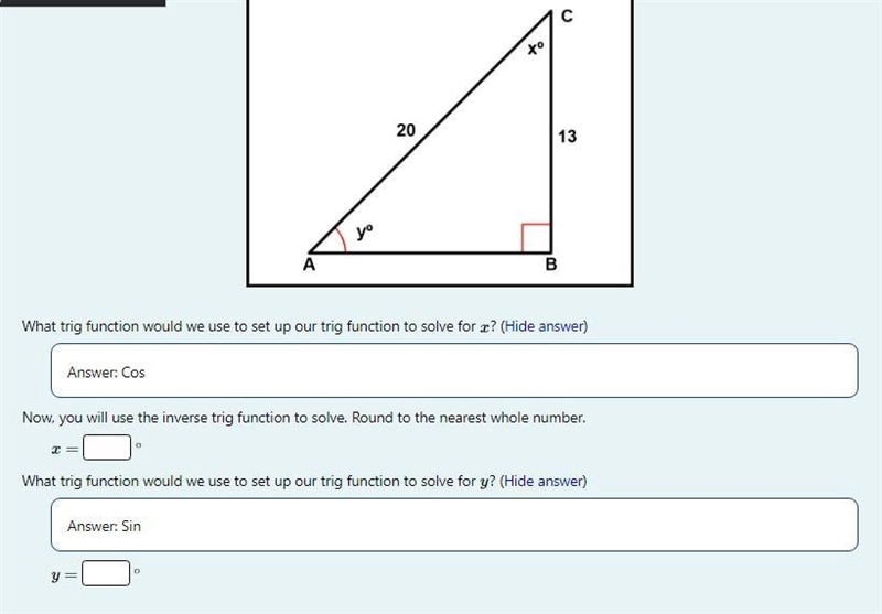 Find the measures of the unknown angles in the triangle shown. Round answers to the-example-1