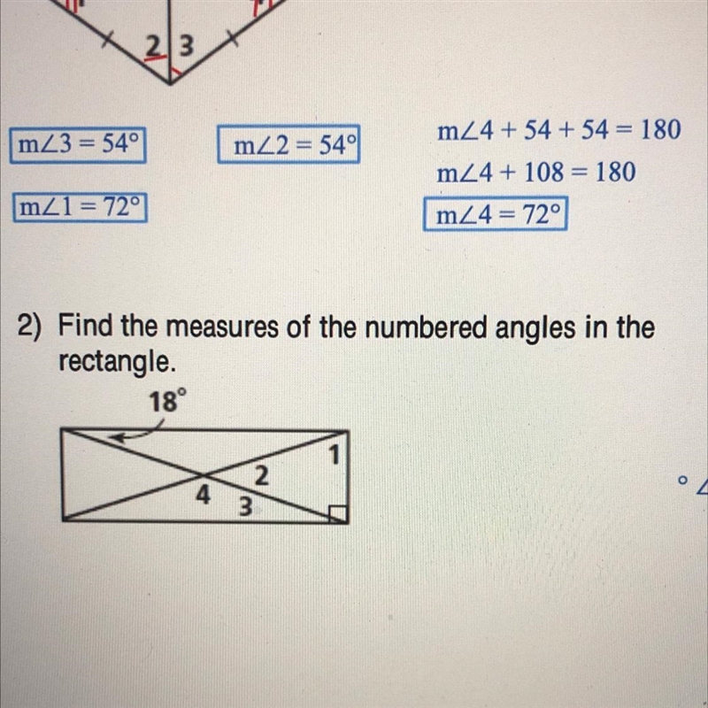 Find the measured of the numbered angles in the rectangle. Geometry Chapter 7.4-example-1