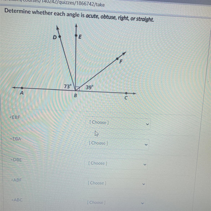 Determine whether each angle is acute, obtuse, right, or straight. (In picture)-example-1