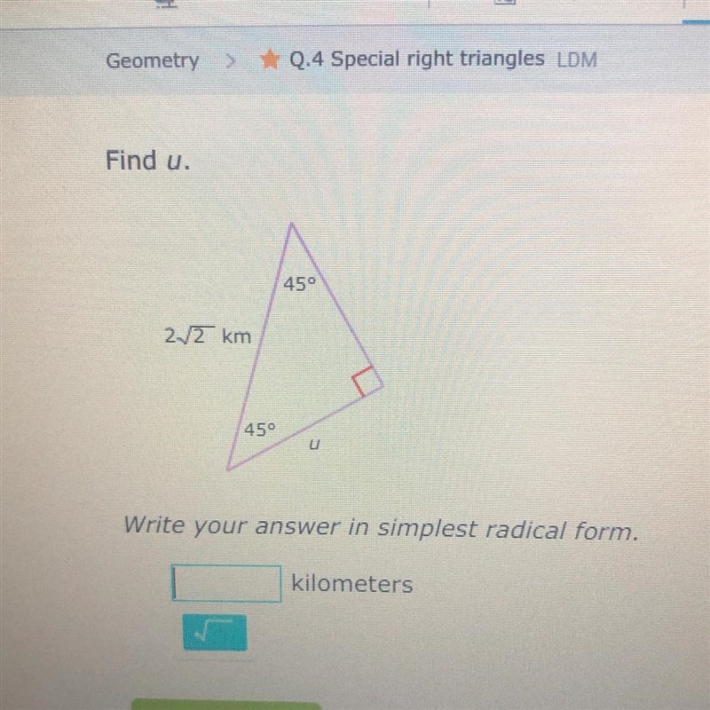 Special right triangles. Find u. Please help due in 30 min!-example-1