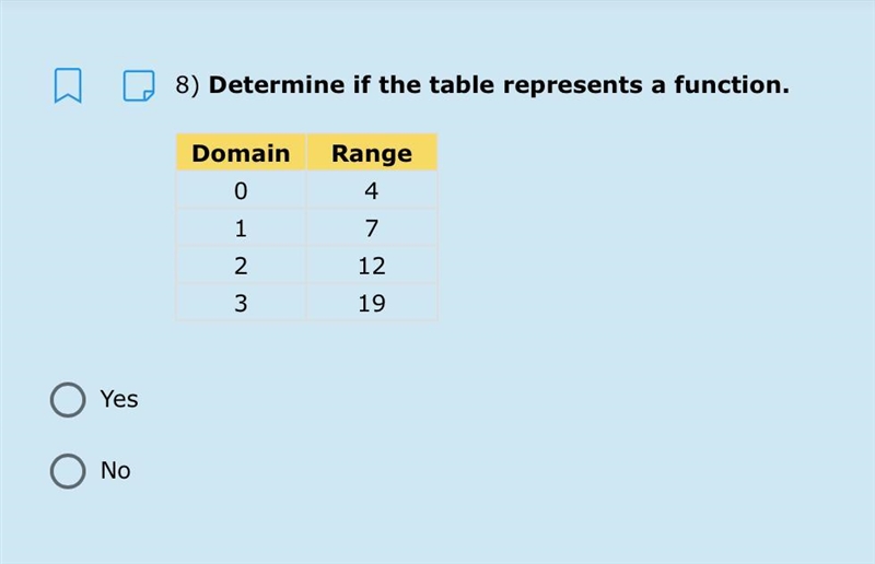 Determine if the table represents a function. A. Yes B. No-example-1