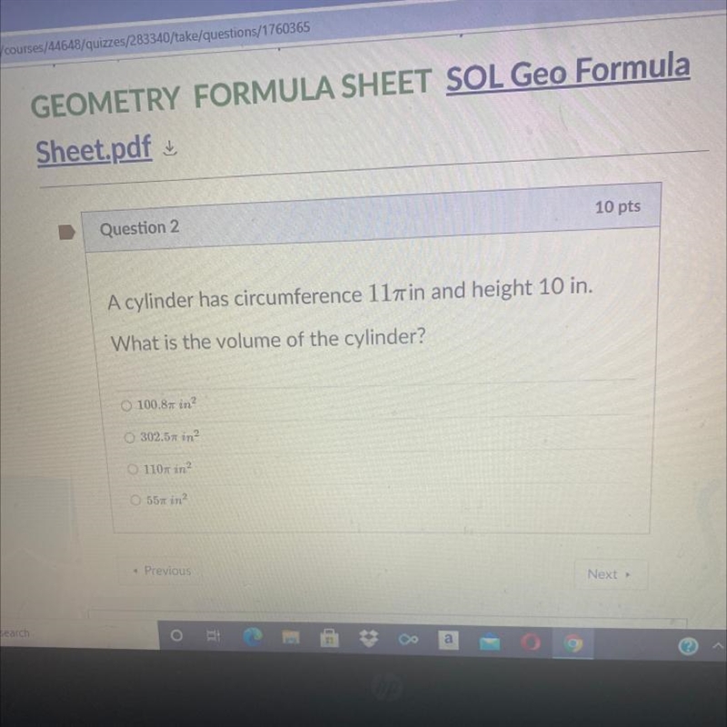 A cylinder circumference 11 pi in and height 10in. What is the volume of the cylinder-example-1