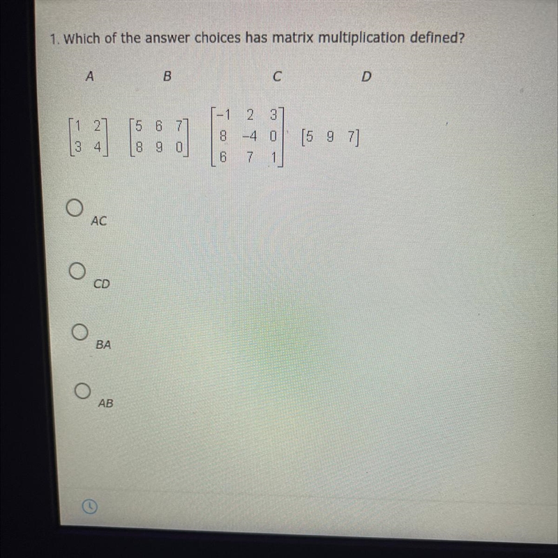 Which of the answer choices has matrix multiplication defined?-example-1