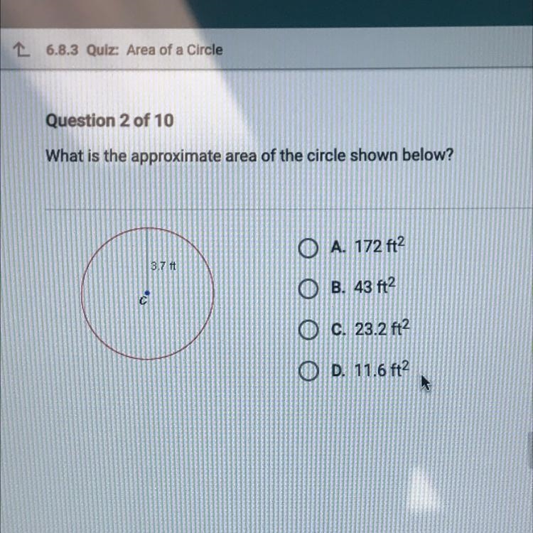 What is the approximate area of the circle shown below-example-1