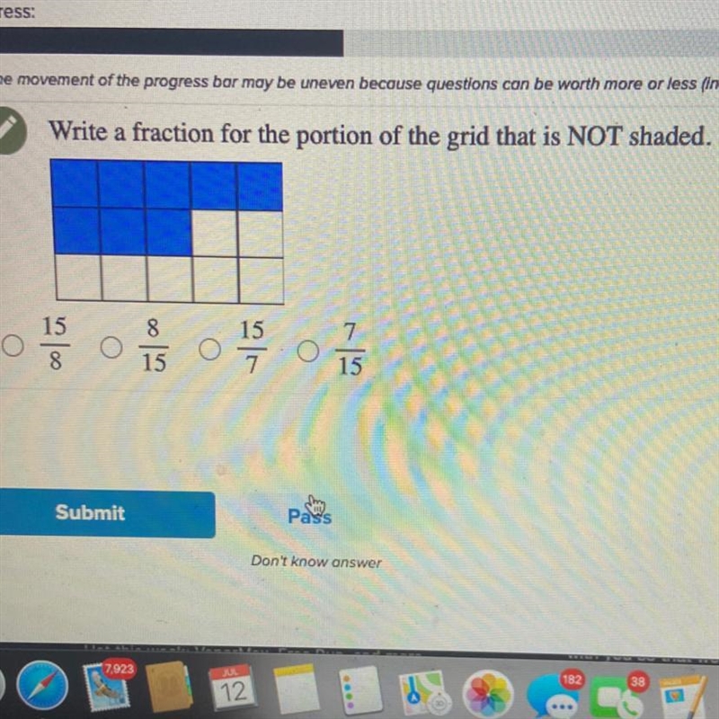 Write a fraction for the portion of the grid that is NOT shaded. 15 8 15 7 7 15 8 15-example-1