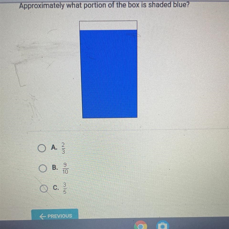 Approximately what portion of the box is shaded blue? A.2/3. B.9/10 C.3/5-example-1