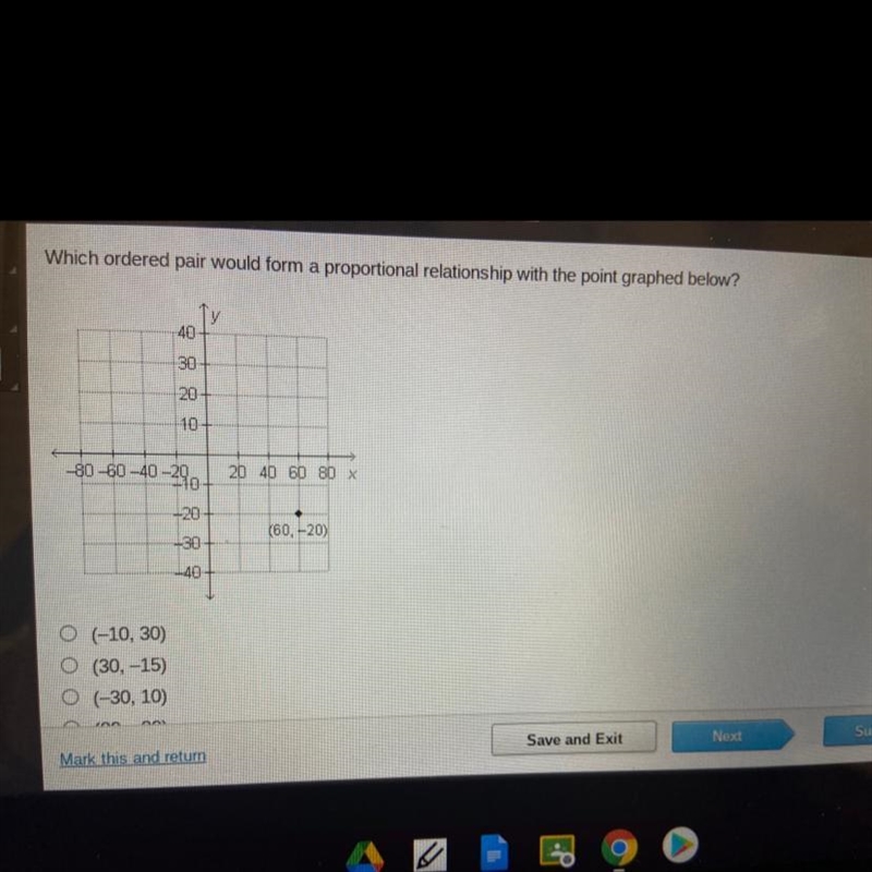 Which ordered pair would form a proportional relationship with the point graphed below-example-1