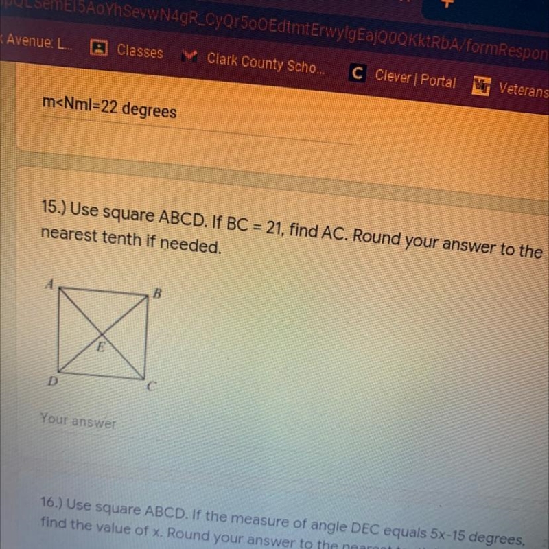 15.) Use square ABCD. If BC = 21, find AC. Round your answer to the nearest tenth-example-1