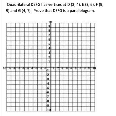 Quadrilateral DEFG has vertices at D(3,4) E(8,6) F(9,9) G(4,7). Prove that DGEF is-example-1