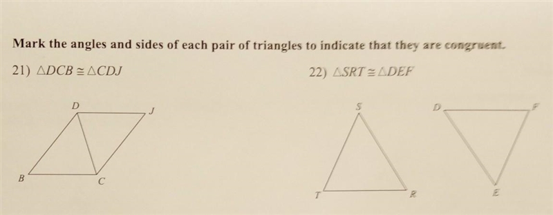 Mark the angles and sides of each pair of triangles to indicate that they are congruent-example-1