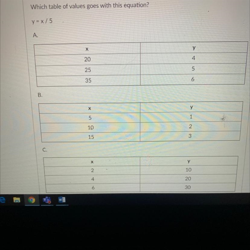 Which table of values goes with this equation? y = x/5-example-1