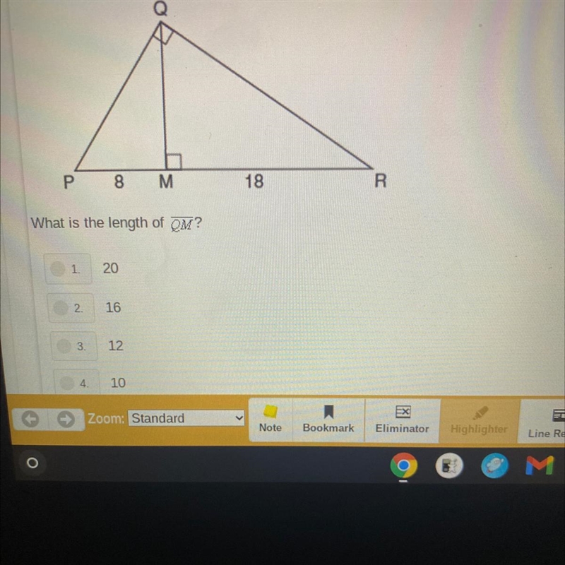 In the diagram below, OM is an altitude of right triangle PQR, PM = 8, and RM = 18. What-example-1