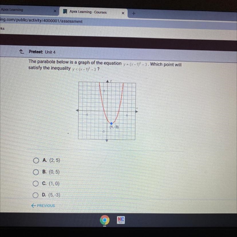 The parabola below is a graph of the equation y = (x - 1)2 - 3. Which point will satisfy-example-1