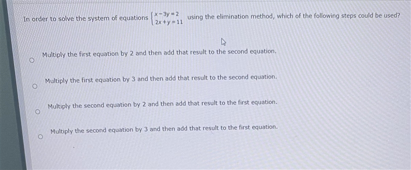 In order to solve the system of equations {x-3y=2 {2x+y=11 Using the elimination method-example-1