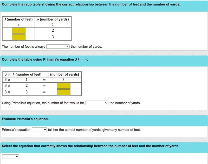 Primalia knows there are 3 feet in 1 yard. She writes the equation 3= to find the-example-1