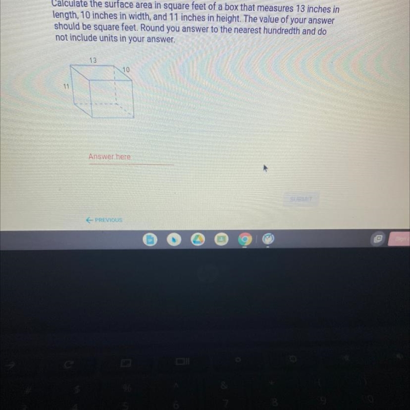 Calculate the surface area in square feet of a box that measures 13 inches in length-example-1