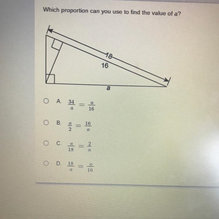 Which proportion can you use to find the value of a? I NEED HELP, PLEASE!!!-example-1